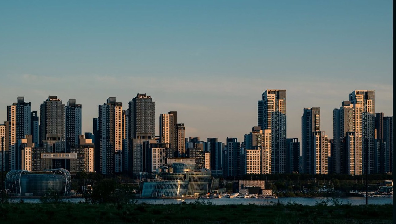Global financial skyline at golden hour